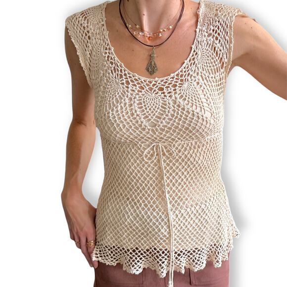 Y2K Crochet Open Weave Tank Top Scalloped Hem Boho Fairycore VTG Festival Chic S - Picture 5 of 14